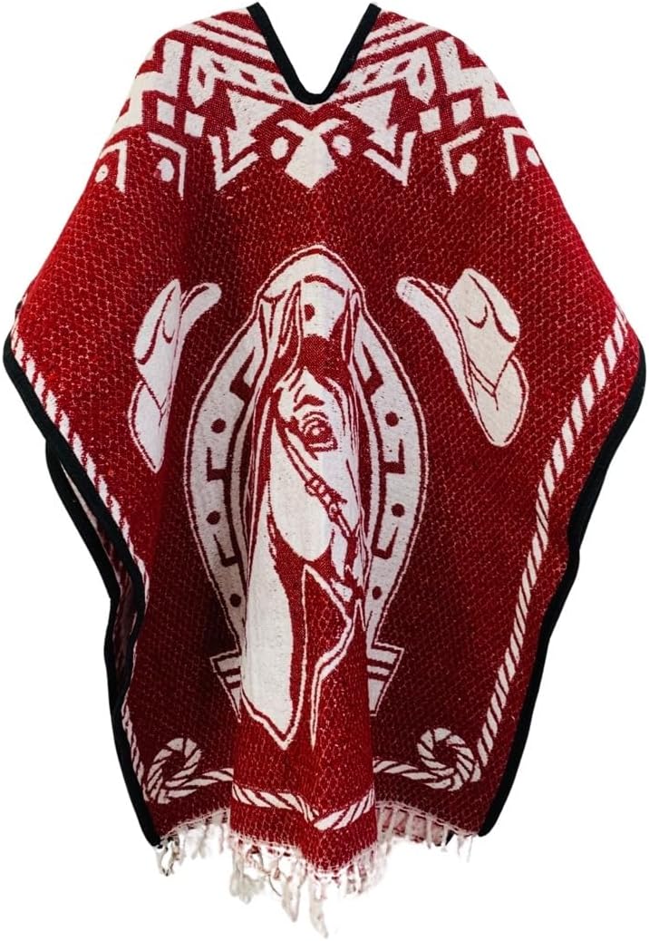 Artesanias FR Authentic Mexican Poncho Reversible Cobija Blanket (Red Horseshoe)
