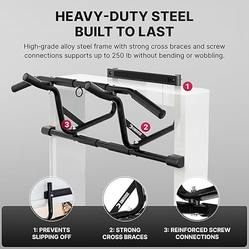 Vista 7 de DMoose Fitness Barra de dominadas para puerta – Capacidad de hasta 250 libras, sin atornillar ni deslizarse, dominada colgante y barra de barbilla
