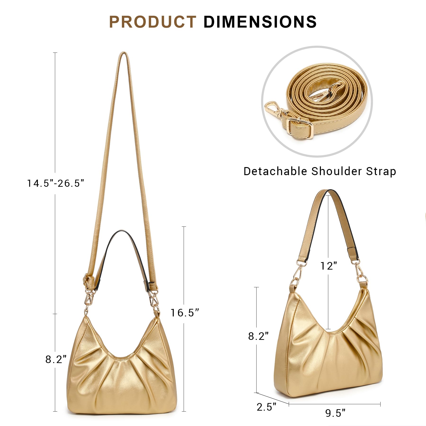Dasein Bolso de mano estilo hobo fruncido para mujer, bolso cruzado retro con 2 correas extraíbles