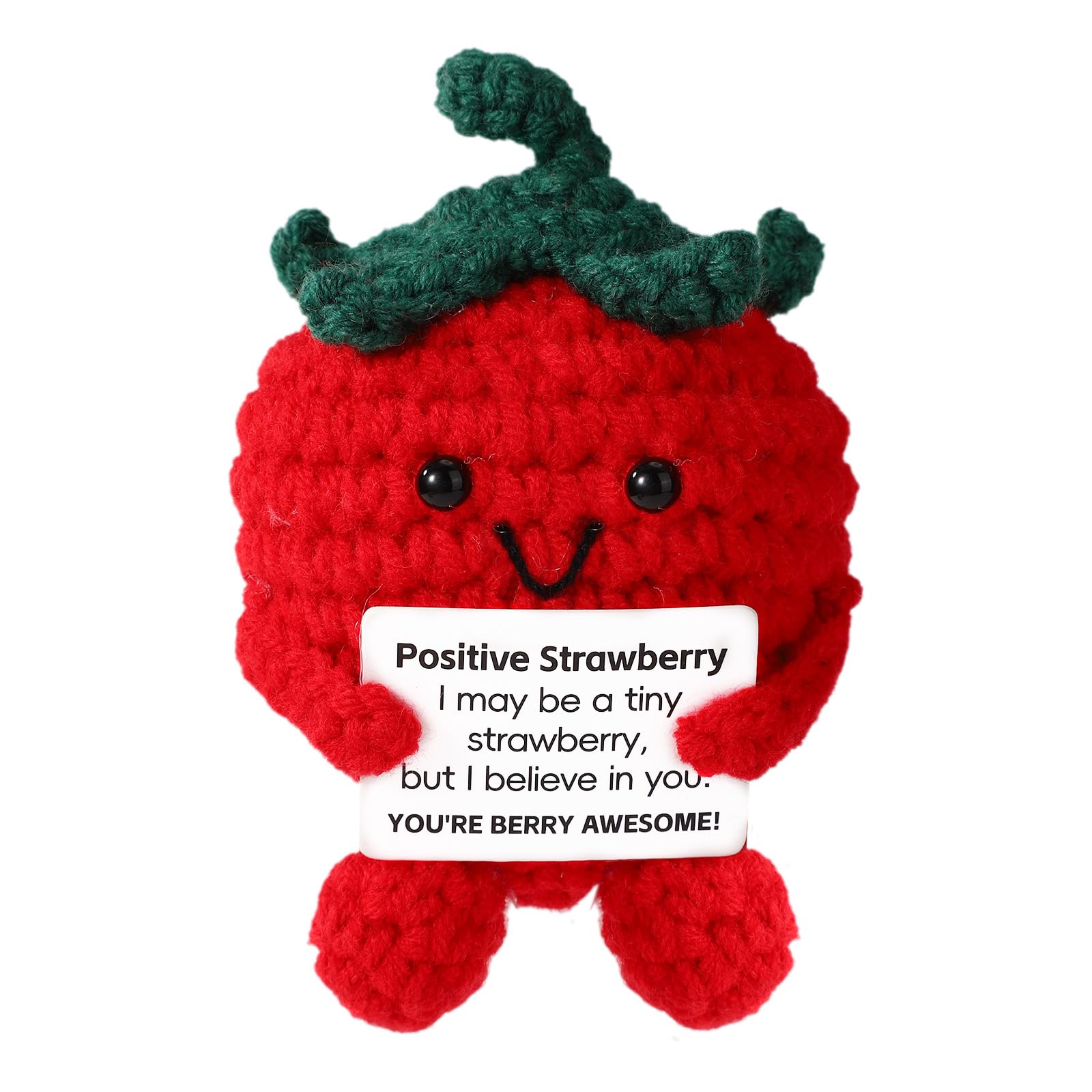 TOYMIS Cute Positive Strawberry, Crochet Strawberry Emotional Doll Support Fruit Knitted for Empowering Gift Home Office Decoration (Red)