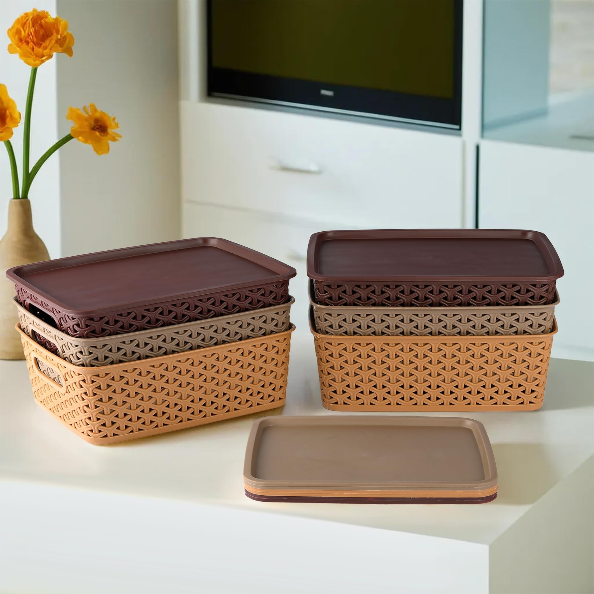 Pack of 6 Multipurpose Solitaire Storage Basket with Lid|Strong Plastic Material & Side Grip|Size Medium 30 x 24 x 12, (Multi)-CTLTC10891, rectangular