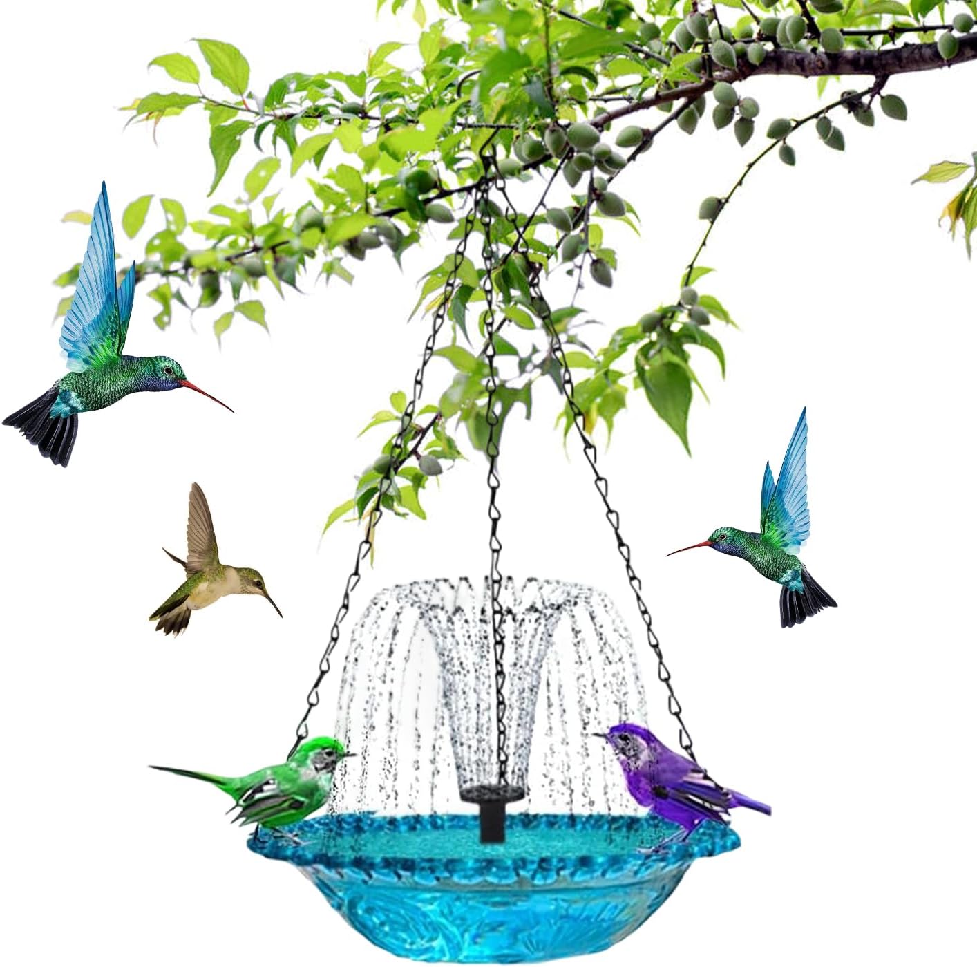 Hanging Bird Bath Fountain, Outdoor Water Fountain, Hanging Bird Bath with Water for Outdoors Garden Patio Backyard Lawn Decor (USB-Powered Single-Layer, Blue)