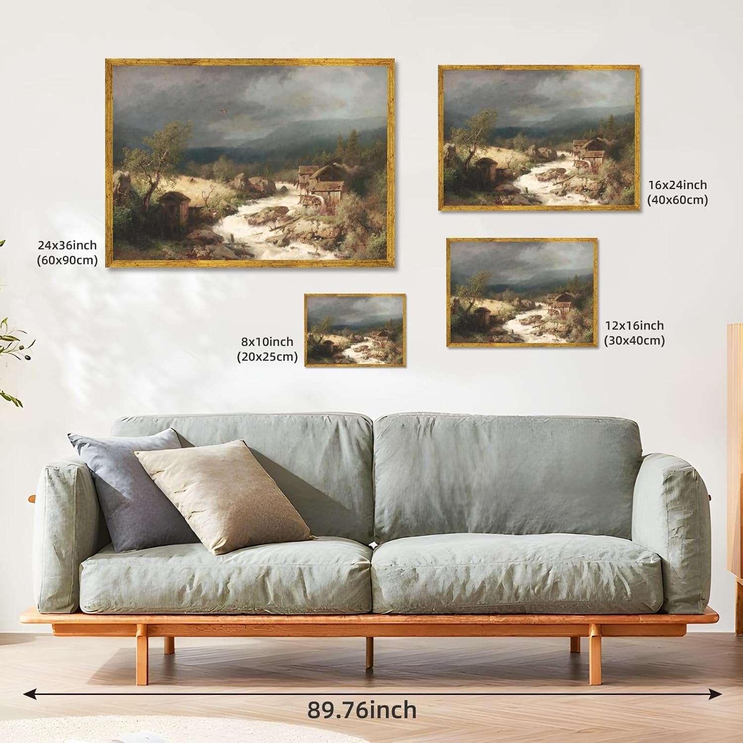 Balsuka Large Framed Wall Art Rustic Watermill Landscape Poster Canvas Print Vintage Countryside Farmhouse Painting Pictures Nature Wall Decor for Living Room Bedroom Decoration 24x36inch Golden Frame