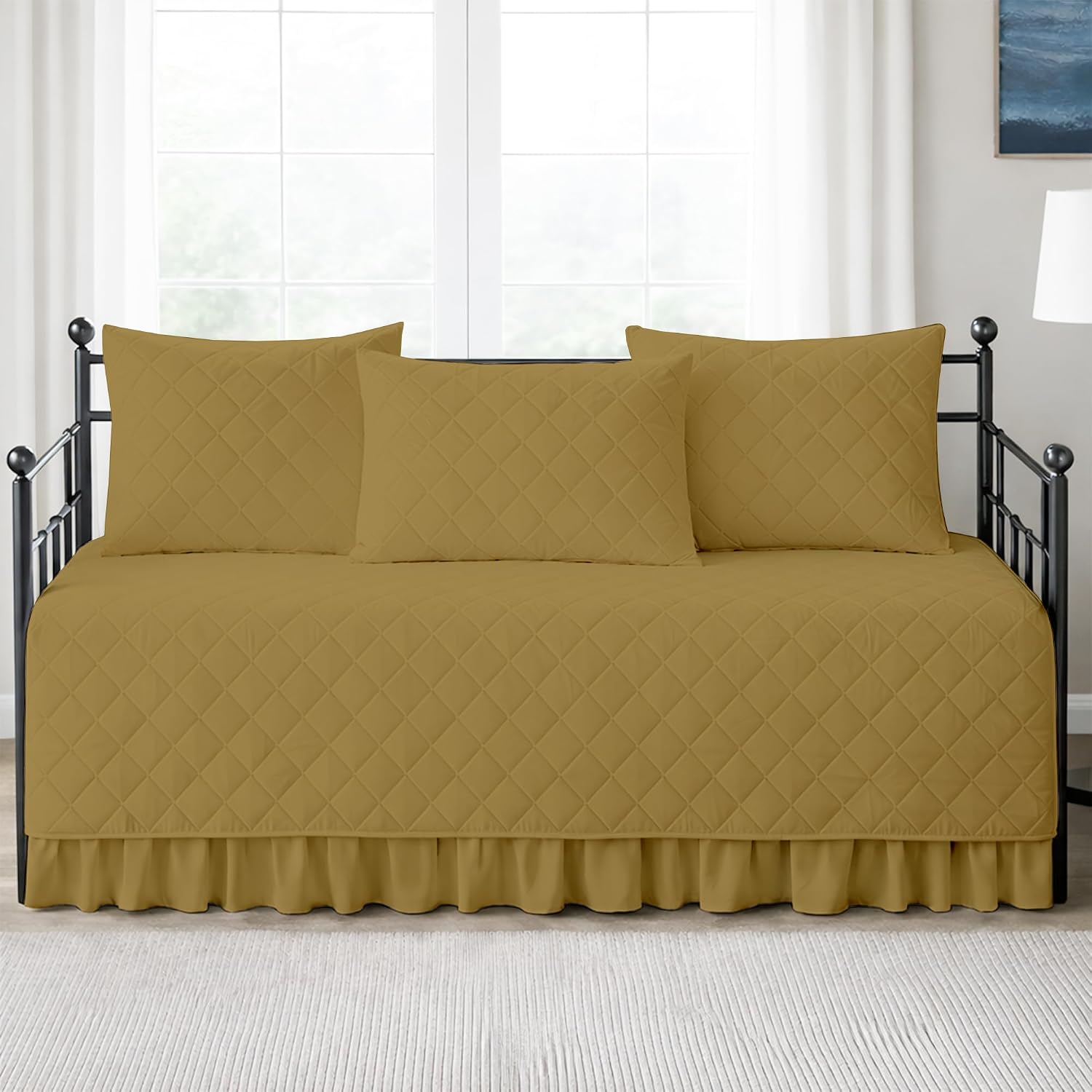 Shreem Linen 5-Piece Twin Daybed Cover Set Quilted Brushed Microfiber Bedding with Bedspread, Ruffled Skirt & 3 Pillow Shams, Geometric Pattern, All-Season, Soft & Durable, 39"x75", White