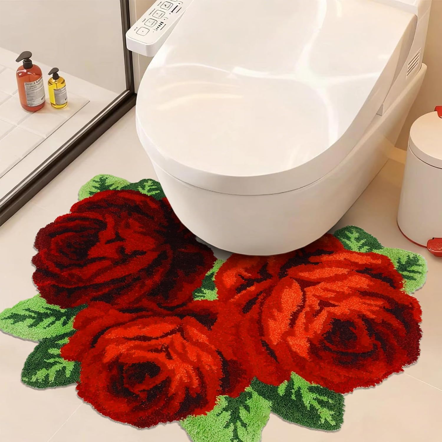USTIDE Shaggy U-Shaped Bathroom Rug Toilet Rugs, Red Rose Plush Water Absorbent Accent Rug for Bathroom Vanity, Christmas Carpet Decor Bathtub/Shower Machine Washable 31" by 24"