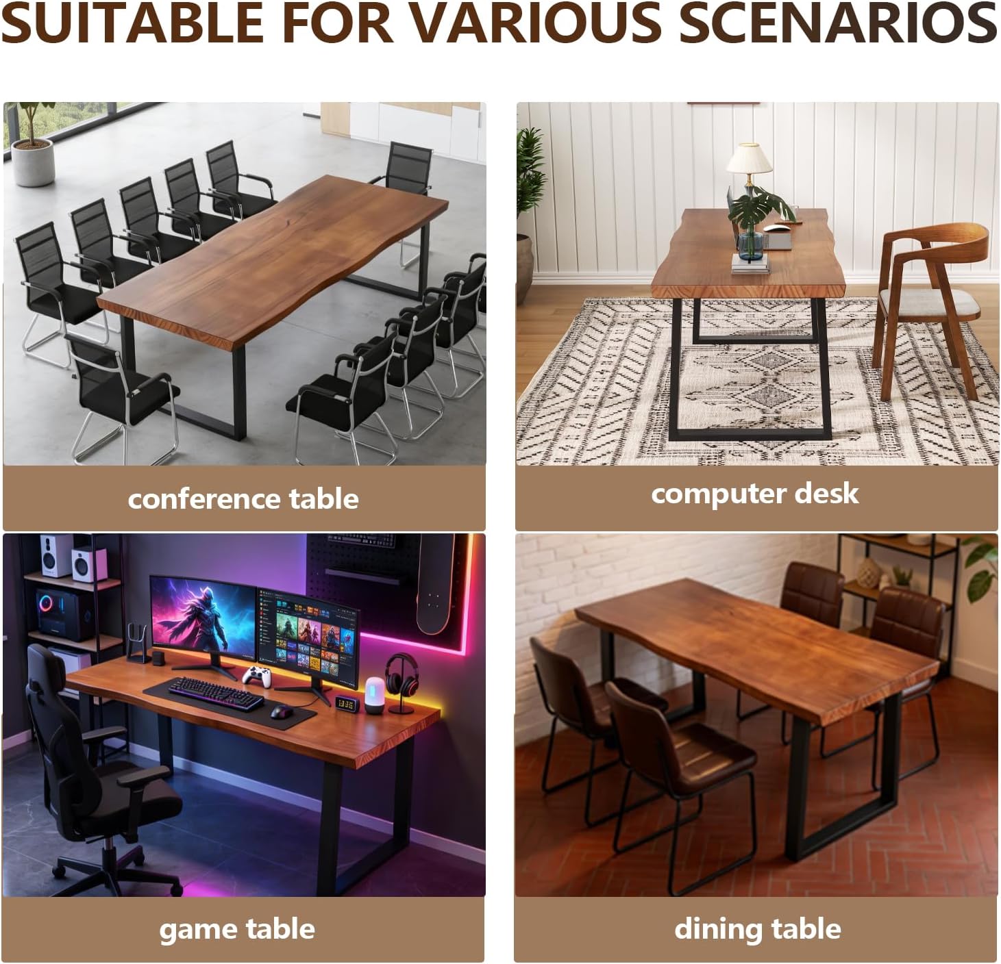 47" Solid Wood Live Edge Computer Desk - Rustic Vintage Industrial Brown Work Desk, Modern Minimalist Home Office Desk, Writing Study Office Table for Professional & Learning Use