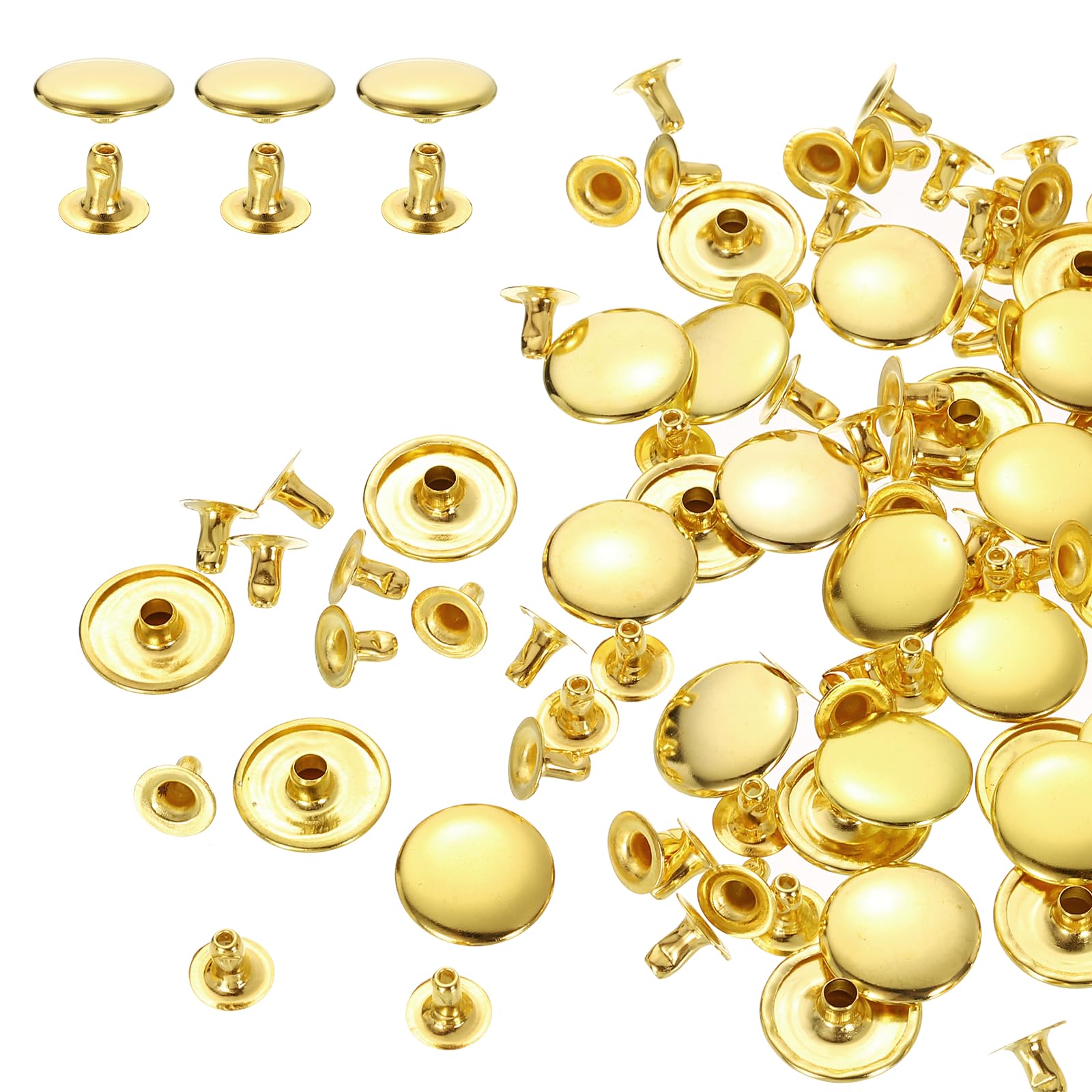 HARFINGTON 100 Sets Single Cap Rivets 15mm Carbon Steel Round Head Snaps Studs Fasteners Tubular Metal Studs for Leather Craft Repairs Decoration, Gold