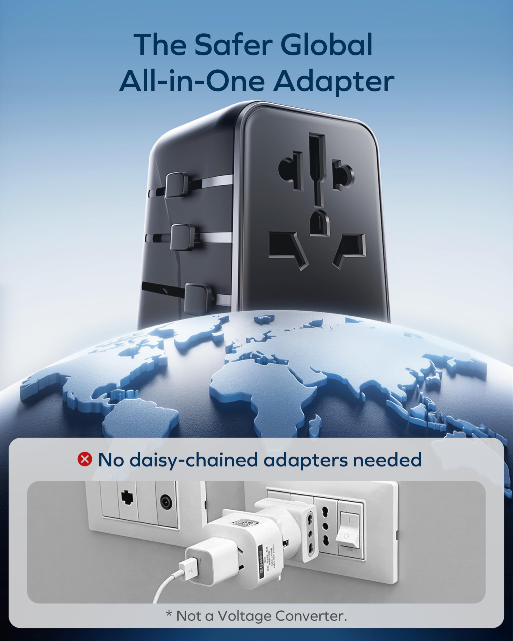 MOMAX Universal Travel Adapter,70W GaN Travel Plug Adapter with UK/EU/AU/US Plugs, 3USB-C PD & 2USB-A QC International Adapter Charger, Adapter Plug for Laptops Tablets Phones Vision Pro 1-World — view 8