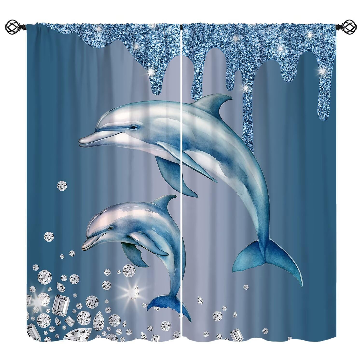 Kids Dolphin Curtain Diamond Glitter Sparkle Shimmer Bling Sparkly Window Treatments Luxury Blue Shiny Drip Modern Window Drapes (No Glitter) for Girls Boys Bedroom Home W72xL63in