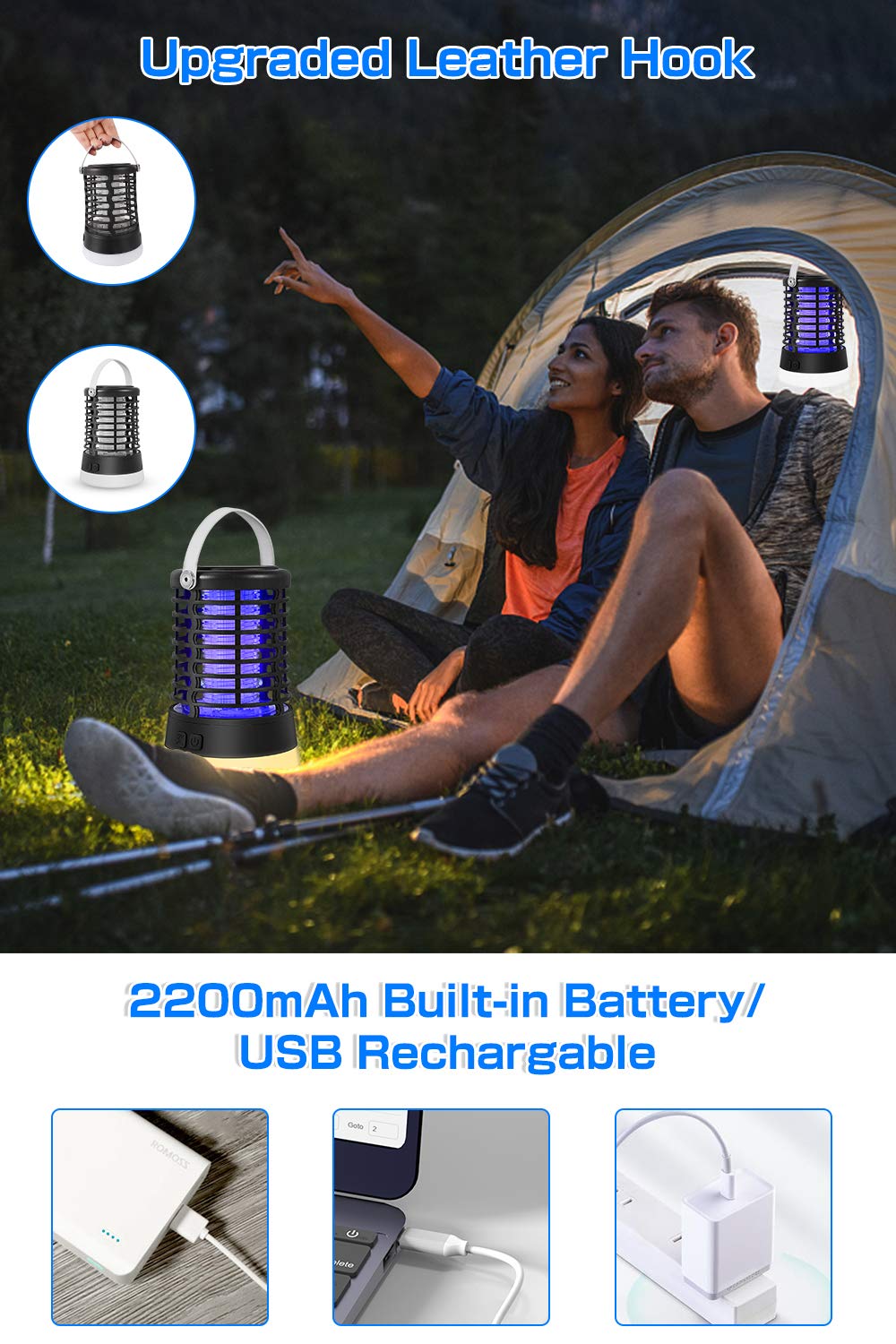 ZOTO Insetticida elettrico 3 in 1, 3 modalità di illuminazione, lampada antizanzare con luce SOS IP67, impermeabile, 2200 mAh, batteria incorporata, lampada da campeggio per interni ed esterni gancio