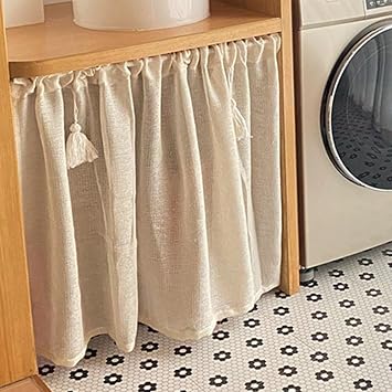 Retro cotton and linen short curtains, curtains under the sink, Nordic style door curtain, shading and ventilation, tassel decoration, rod installation, one piece Size W100XH80CM