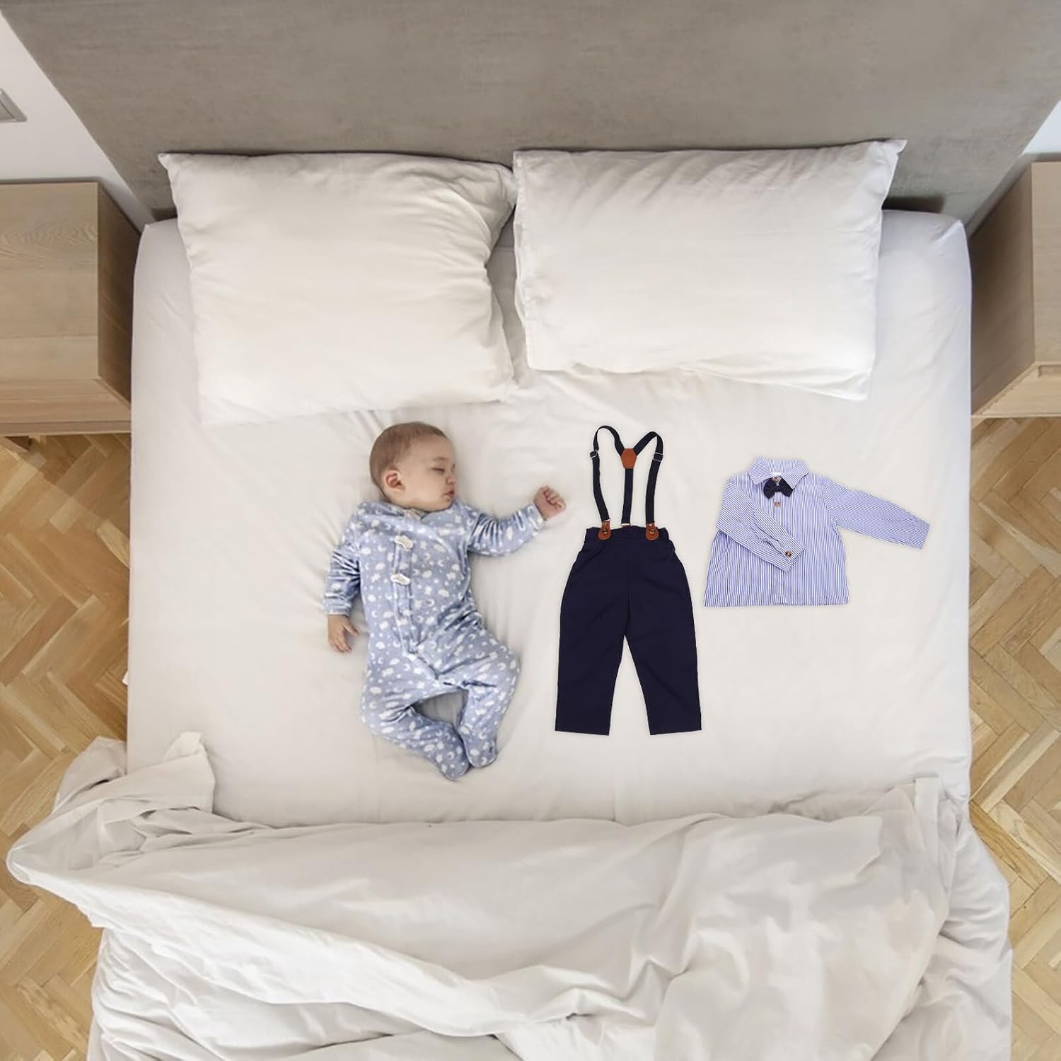Boys Long Sleeve Shirt Boy Overalls Set Solid Tone Fabric Blend Bowknot Detail Blue 12-18 Months Spring and Fall Outfit