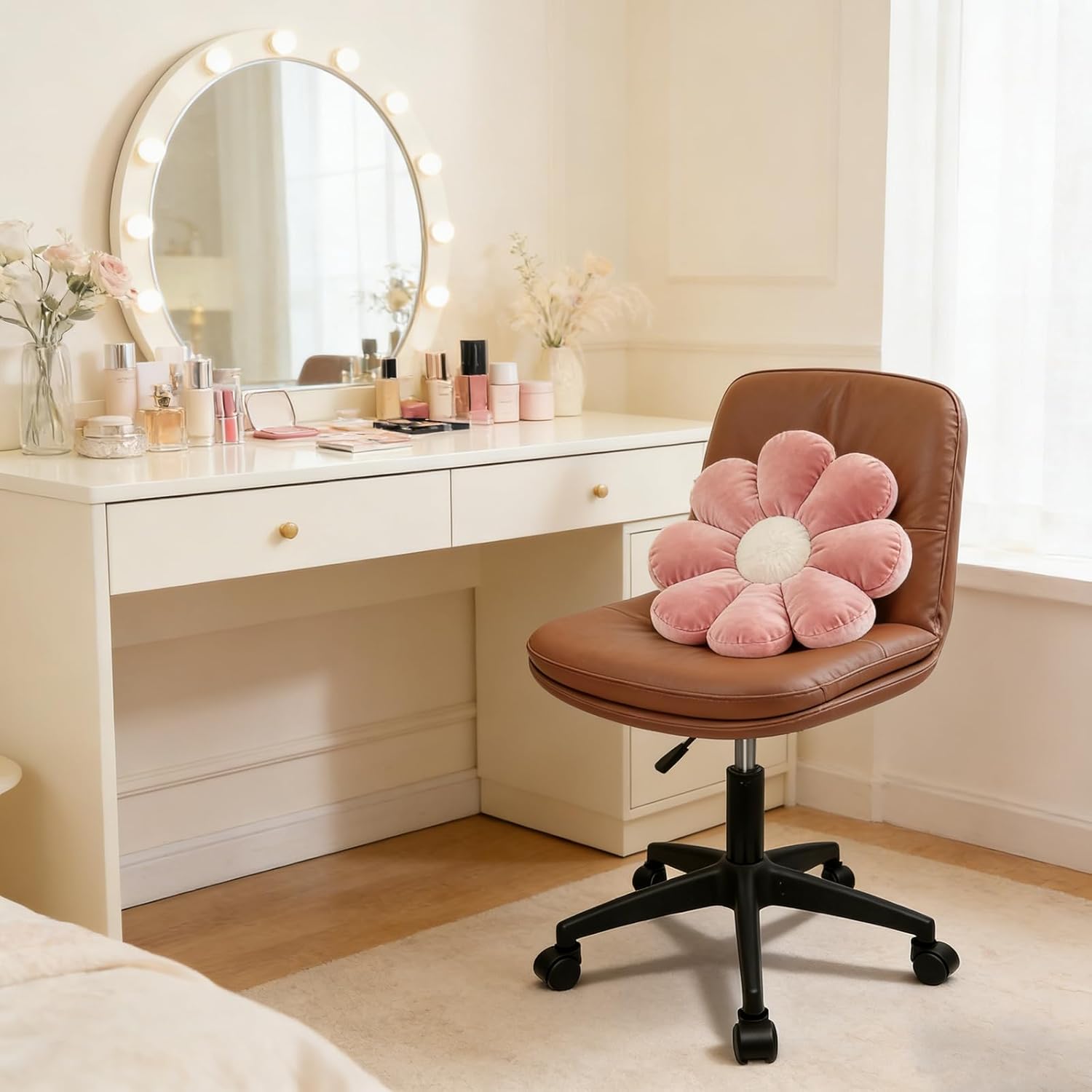 Vanity Chair with Back, Armless office Chair with wheels and Lumbar support, Comfy PU Leather Desk Computer Chairs with Adjustable Height, 360°Swivel for Home Office, Computer Desk & Vanity Brown