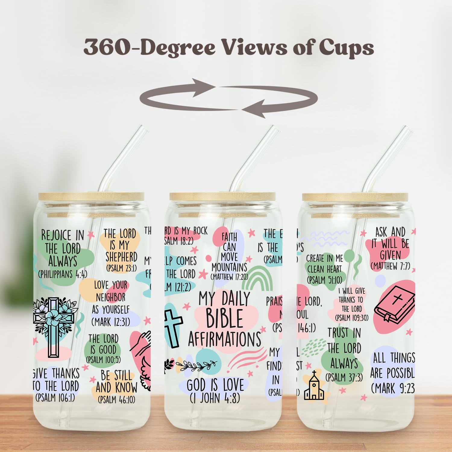 My Daily Bible Affirmations 16 Oz Iced Coffee Cup, Christian Gifts for Women, Religious Faith Spiritual Catholic Jesus Birthday Present, Inspirational Scripture Drinking Glass Tumbler