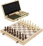 15" Wooden Folding Chess & Checkers Set - 2 in 1 Board Game with 3" King Staunton Pieces and 2 Extra Queens