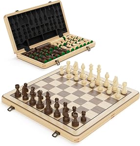 15" Wooden Folding Chess & Checkers Set - 2 in 1 Board Game with 3" King Staunton Pieces and 2 Extra Queens
