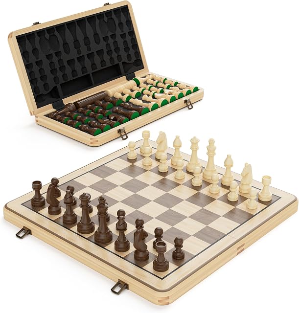 15" Wooden Folding Chess & Checkers Set - 2 in 1 Board Game with 3" King Staunton Pieces and 2 Extra Queens
