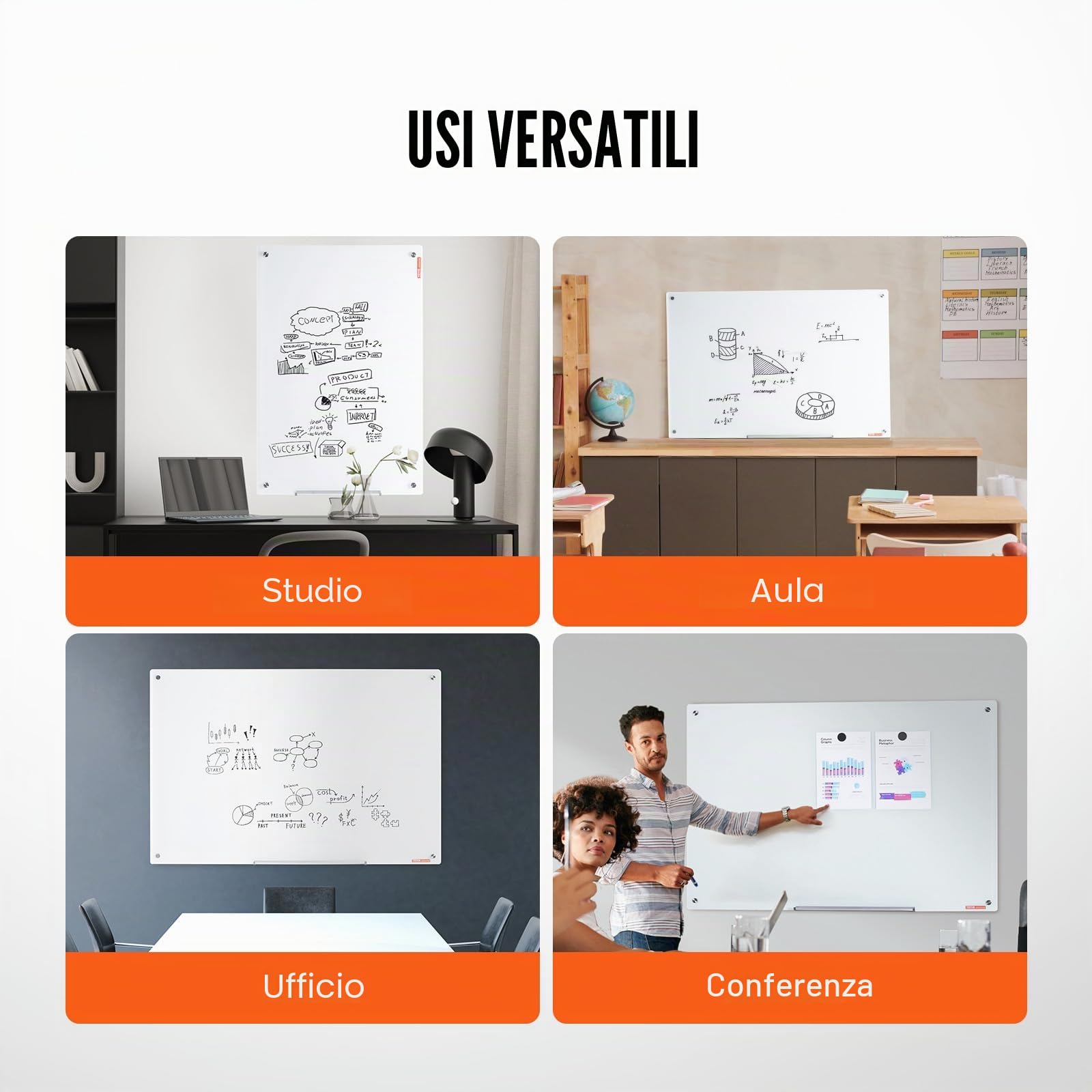 VEVOR Lavagna magnetica cancellabile a secco in vetro 120 x 80 cm, lavagna per promemoria da parete, con vassoio per pennarelli, gomma e 2 pennarelli, per ufficio scuola ristorante casa