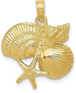 Colar de ouro amarelo 14 k com quatro conchas do mar, sereia, náutica, pingente, pingente, vida de peixe, concha e concha recortada, estrela do mar, joias finas para mulheres, presentes para ela