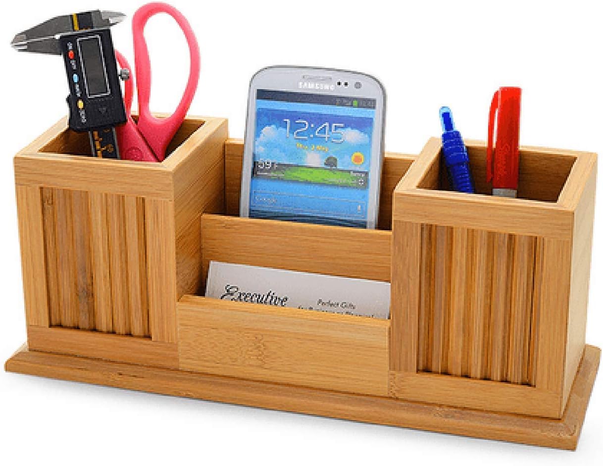 PrestigeBlock Elite Bamboo Desk Organizer with Pen Holder