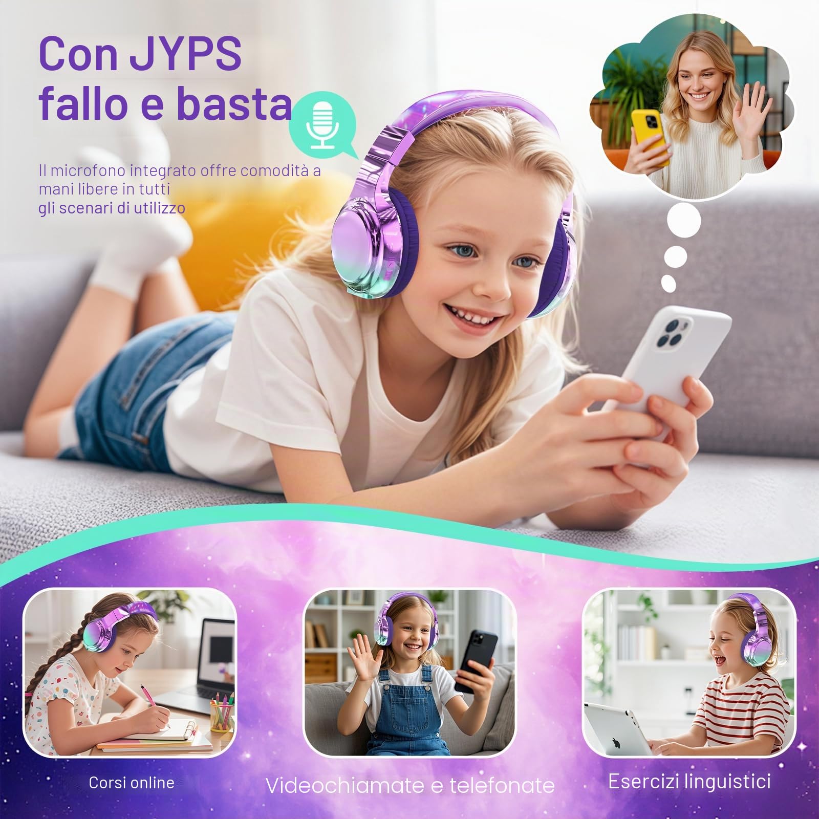 JYPS Cuffie Bluetooth Bambina, Metallico Cuffie Bambini Wireless,Cuffie Bluetooth Over Ear con Microfono per Bambini/Ragazza,Cuffie Senza Fili Pieghevoli Audio Stereo HD per TV/Musica/Scuola (Viola)