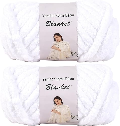 Hilo grueso de felpilla para tejer en el brazo, para hacer tú mismo, manta de punto, cojín, cama, sofá, decoración del hogar (blanco, paquete de 2,