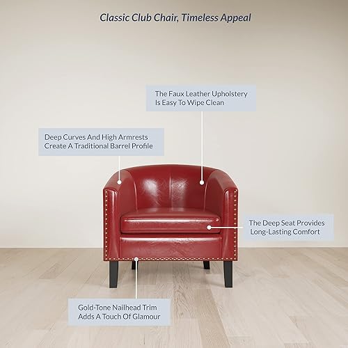 Miniatura 4 de BELLEZE Silla Accent Barrel, moderna silla tapizada para sala de estar, silla de piel sintética con ribete de cabeza de clavo dorado, patas negras,