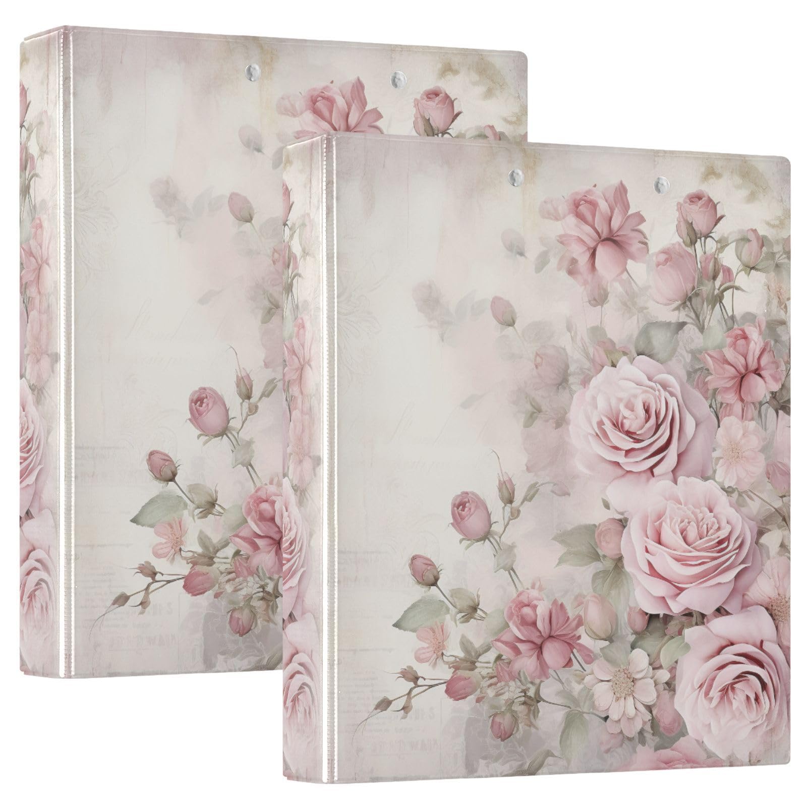 Pink Rose Flower Muted Color 3 Ring Binder with 2 Interior Pockets 1.5 inch Binders 3 Ring Heavy Duty Fit 8.5" x 11" Letter Size for Office School, 2 Pack