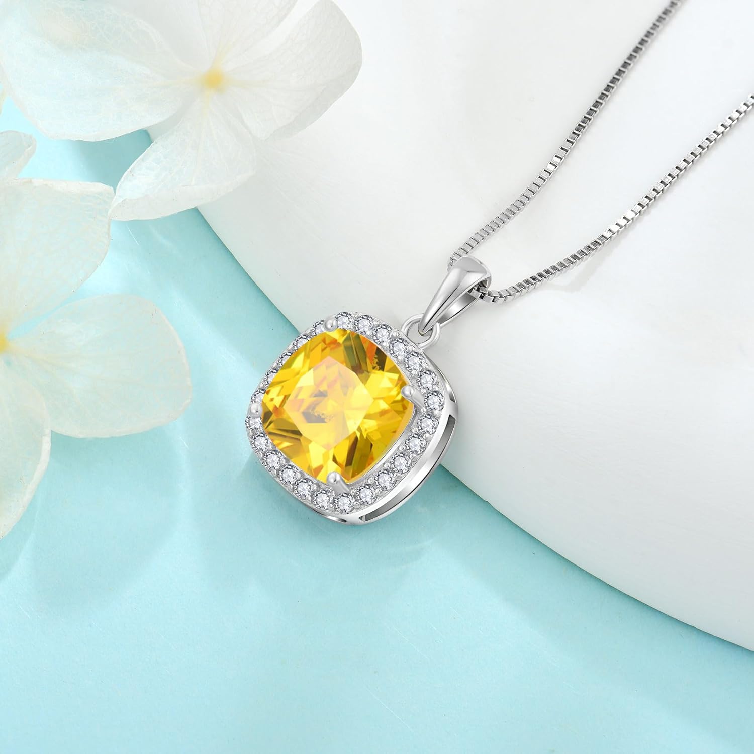 Birthstone Necklace for Women 925 Sterling Silver Princess Cut Halo Necklace Pendant Jewelry Gifts for Her - Image 5