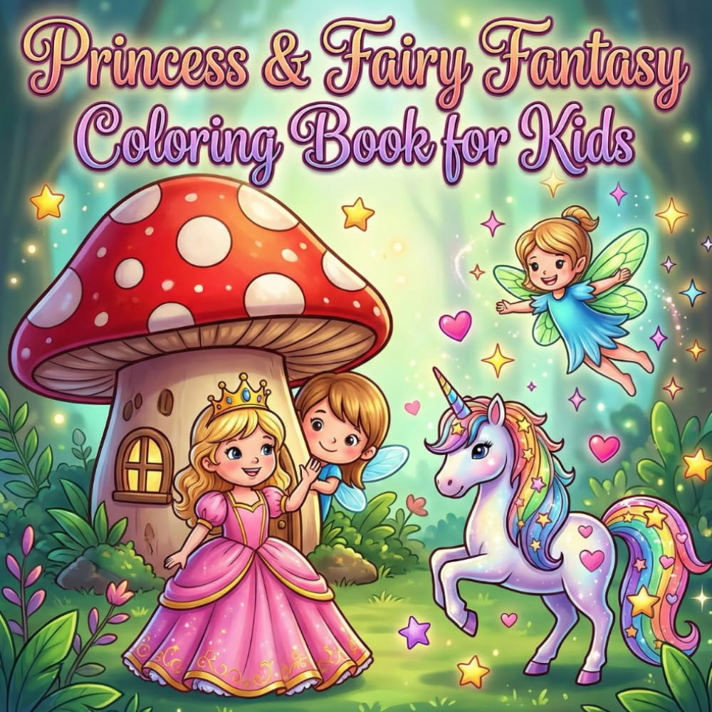Princess & Fairy Fantasy Coloring Book for Kids Ages 3–8: Cute and Easy Coloring Pages Featuring Fairy Gardens, Little Princesses, and Unicorn Friends