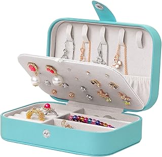 صندوق مجوهرات للسفر، حافظة مجوهرات صغيرة، طبقة مزدوجة من جلد البولي يوريثين، منظم مجوهرات للسفر للنساء والفتيات للقلائد والاقراط والخواتم (ازرق بحري)