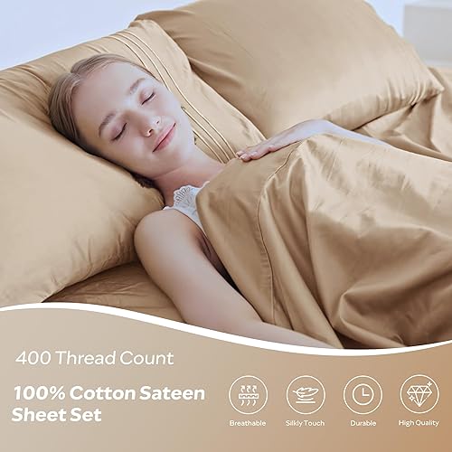 Miniatura 3 de JELLYMONI Juego de sábanas de satén de 400 hilos, 100% algodón, 3 piezas, sábanas refrescantes extra suaves, con bolsillos profundos de 16 pulgadas