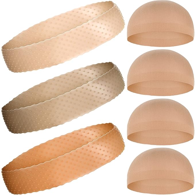 3 Pieces Silicone Wig Grip Headband 3 Pieces Nylon Wig Caps, Transparent Silicone