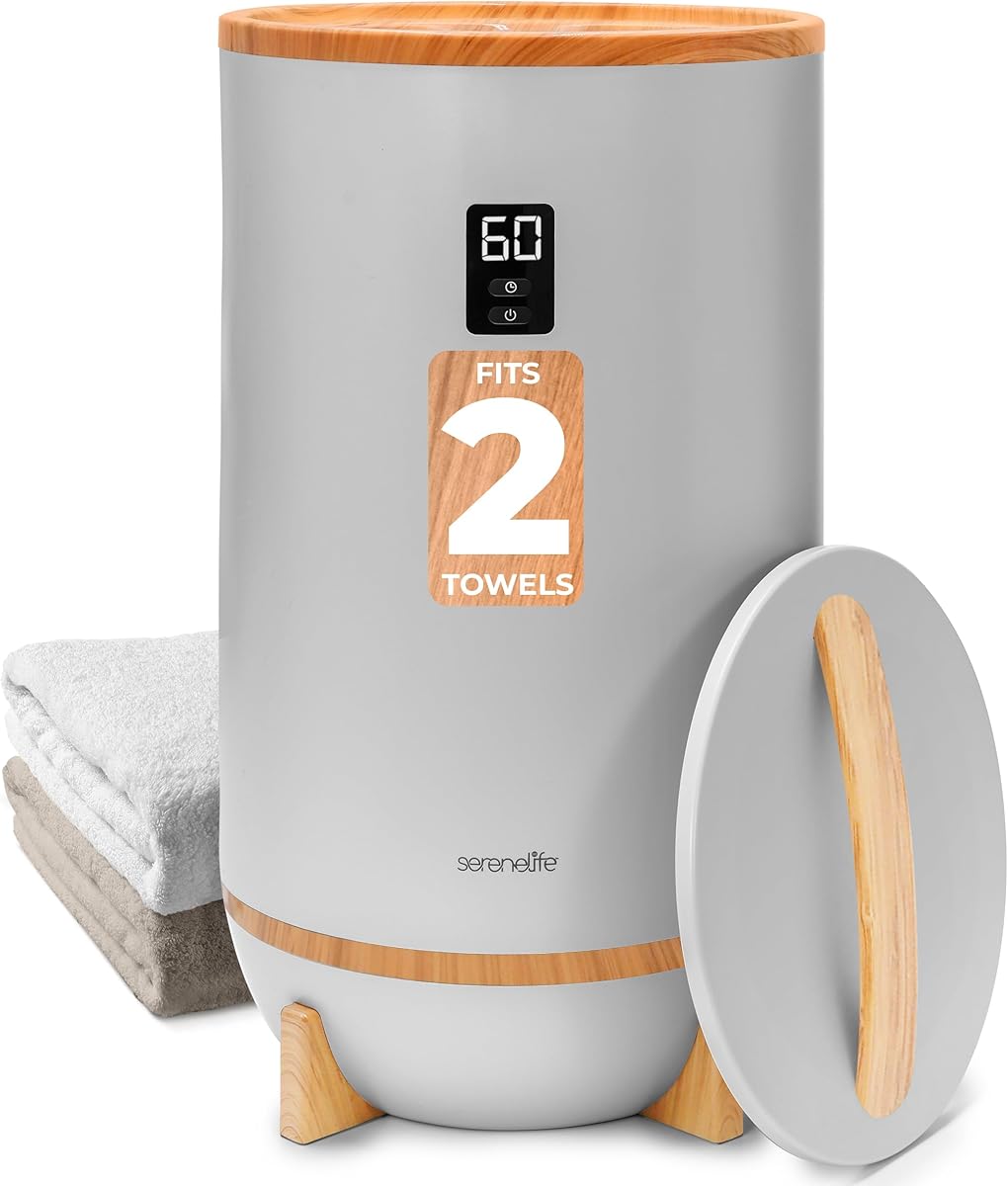 SereneLife Towel Warmers Bucket, with Customized Fragrance for Spa and Bathroom, Luxury Towel Heater Gifts for Him & Her, Auto Shut off, Fits 2 large Towels, Blankets, Bathrobes, PJ's (Grey)