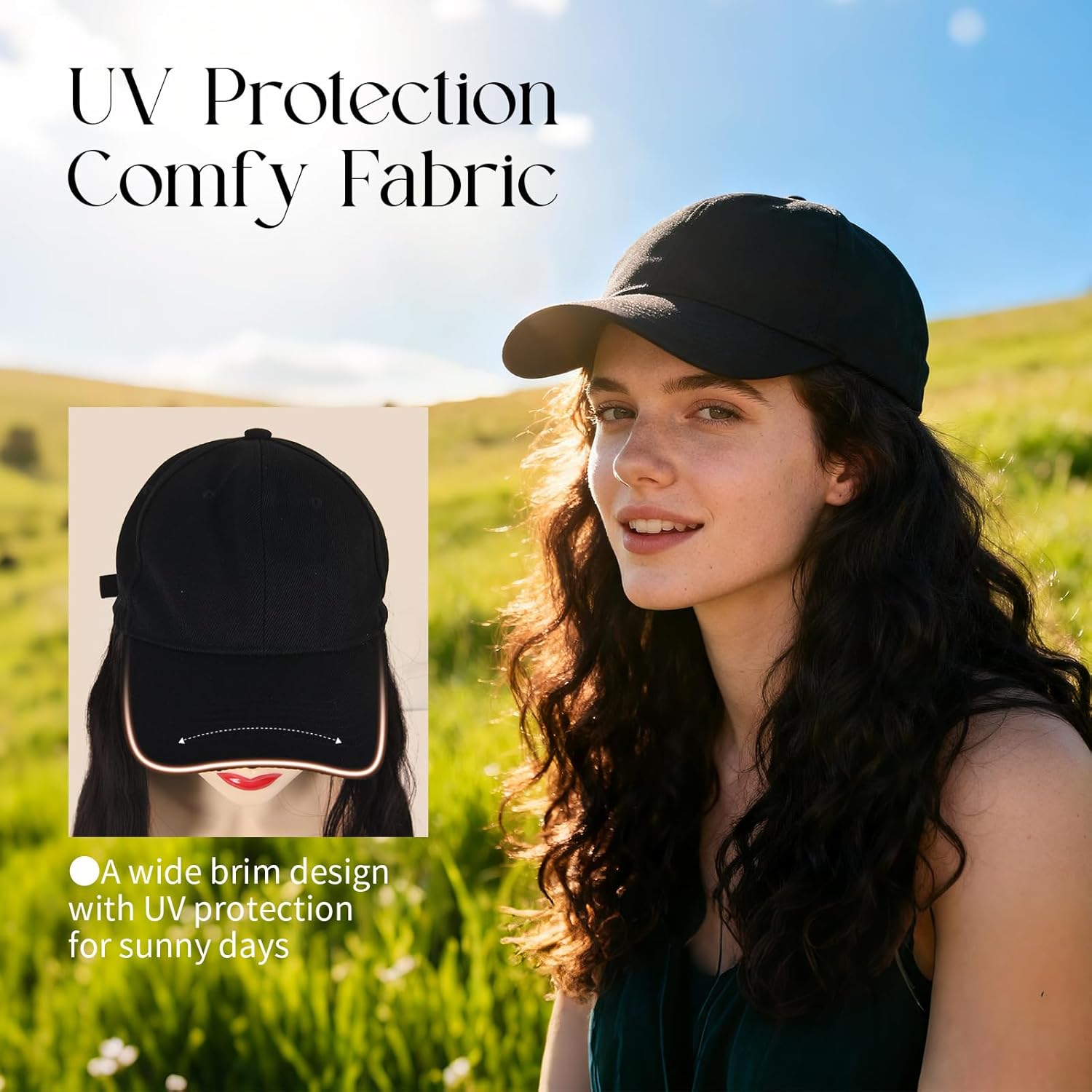 Onedor Hat Wig for Women Baseball Cap with Hair Extensions 20 Inch Long Wavy Synthetic Wig Hat Adjustable Hat with Wig Attached for Daily Wear(2# - Darkest Brown)