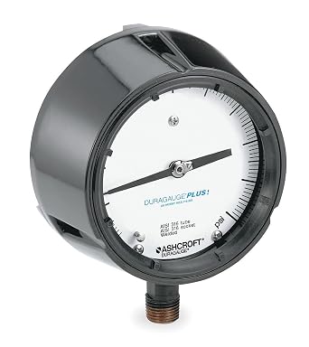Ashcroft Duragauge Type 1279 Black Phenolic Case Pressure Gauge with PLUS Performance Option, 316 Stainless Steel Bourdon Tube and Tip, 316 Stainless Steel Socket, Solid Front Case, 4.5" Dial Size, 1/2" NPT Lower Connection, 0/200 psi Pressure Range