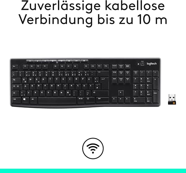 Logitech K270 Kabellose Tastatur für Windows, 2,4 GHz kabellos, Standardgröße, Nummernblock, 8 Sondertasten, 2 Jahre Batterielaufzeit, Kompatibel mit PC, Laptop, Deutsches QWERTZ-Layout - Schwarz - 3
