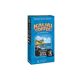 Kauai Coffee Espresso Pods Compatible with Nespresso Original Coffee Makers Arabica Coffee, 10% Hawaiian Dark Roast, Rich Cocoa & Smoky Finish Poipu Beach, 1 Pack of 10 Espresso Pods