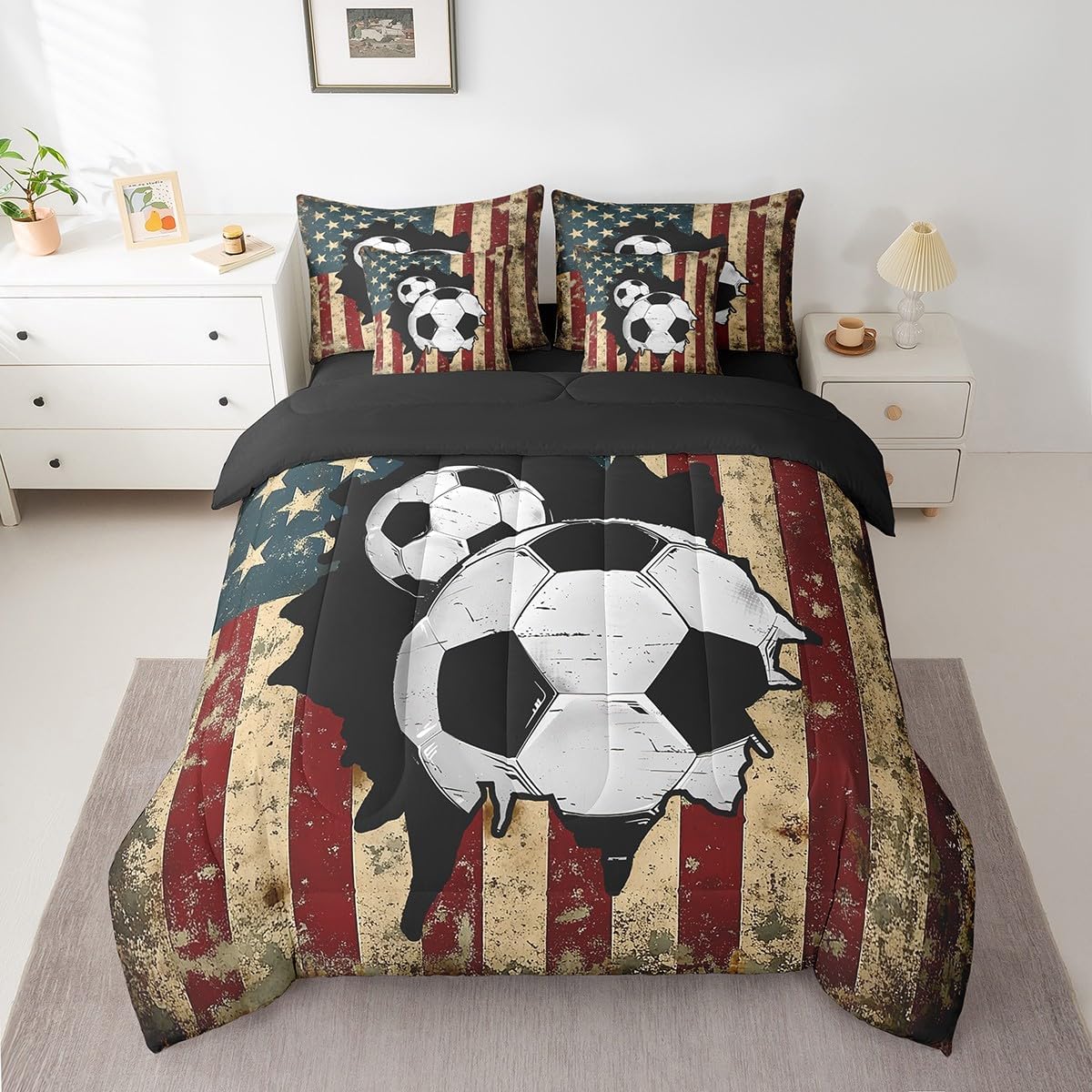 Feelyou Soccer Comforter Set Twin Size 7 Pieces Comforters Football Bedding Set Sport Themed Blue Black Geometric Bed Set Bed in a Bag with Comforter, Sheets, Pillowcases & Cushion Covers