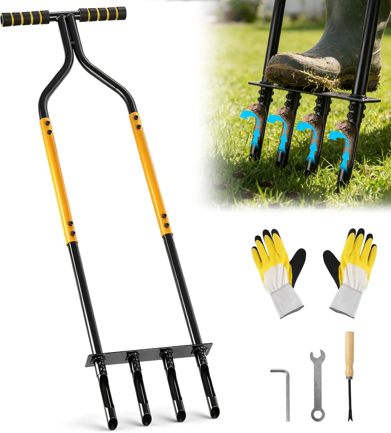 Knee-Friendly Manual Lawn Aerator Tool, 42.6-45 Inch Adjustable Height Core Aerator for Grass, Pre-Assembled Yard Aeration Tool with 4 Hollow Tines for Lawn Care and Compacted Soil
