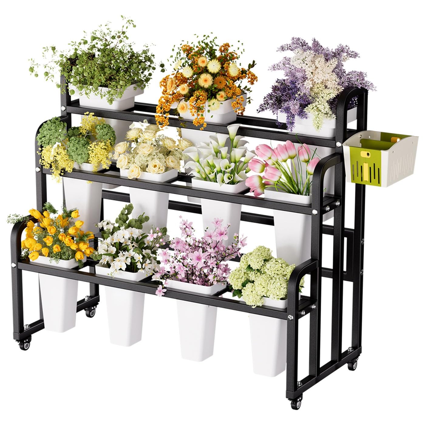 ACLFF 3 Tier Metal Tiered Plant Stand, Rolling Flower Cart with Lockable Wheels, Storage Basket