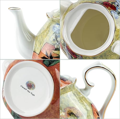 Miniatura 3 de Tetera de 30 oz de Van Gogh Pinturas de porcelana china hueso Tetera de té suelto Diseño floral Vintage Tetera de cerámica estilo europeo para café