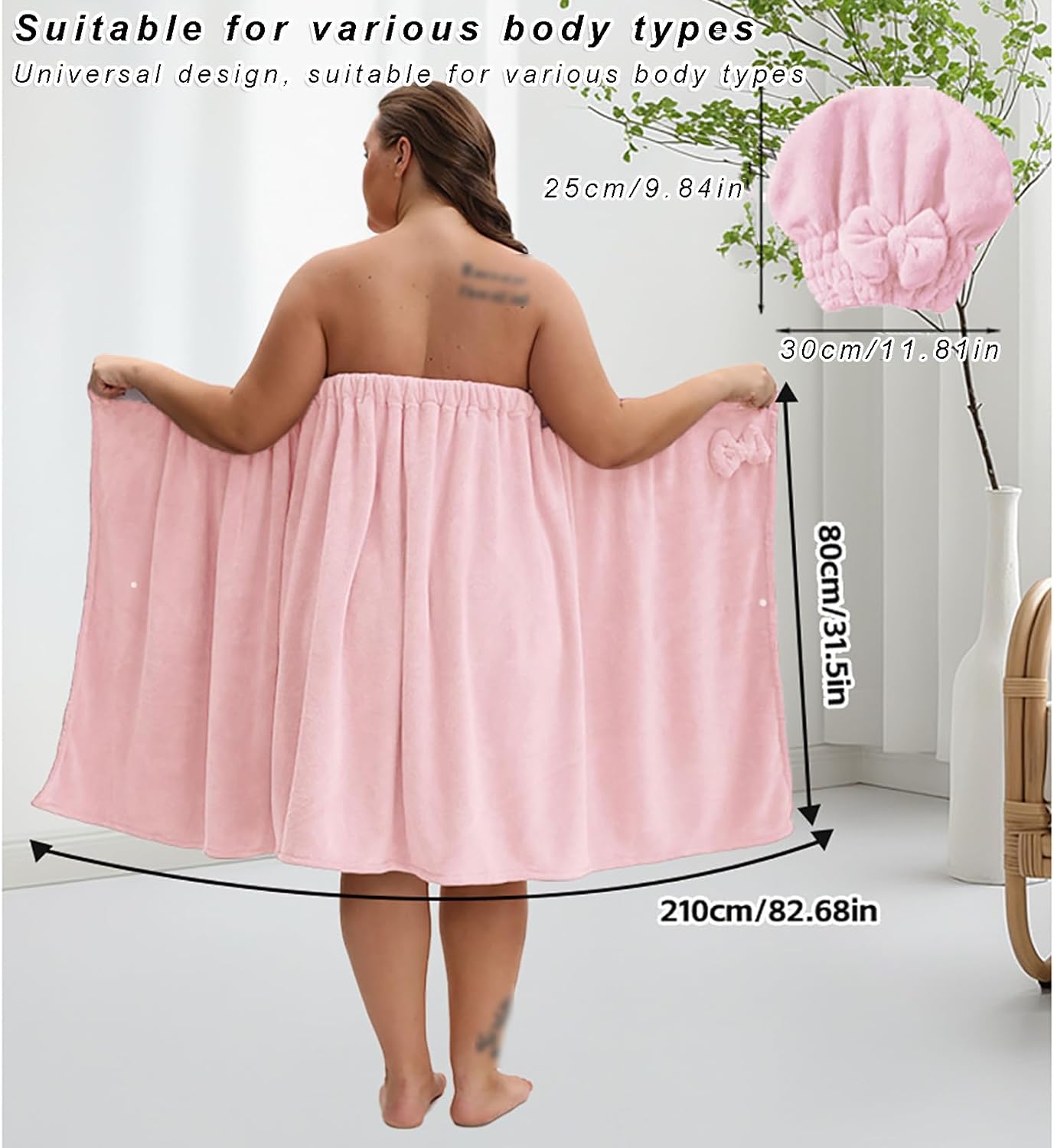 Plus Size Adjustable Bath Skirt & Quick-Dry Cap Set, Soft Coral Fleece Bath Wrap with Bow Decoration & Secure Non-Slip Closure(Bath Skirt + Hat, White)