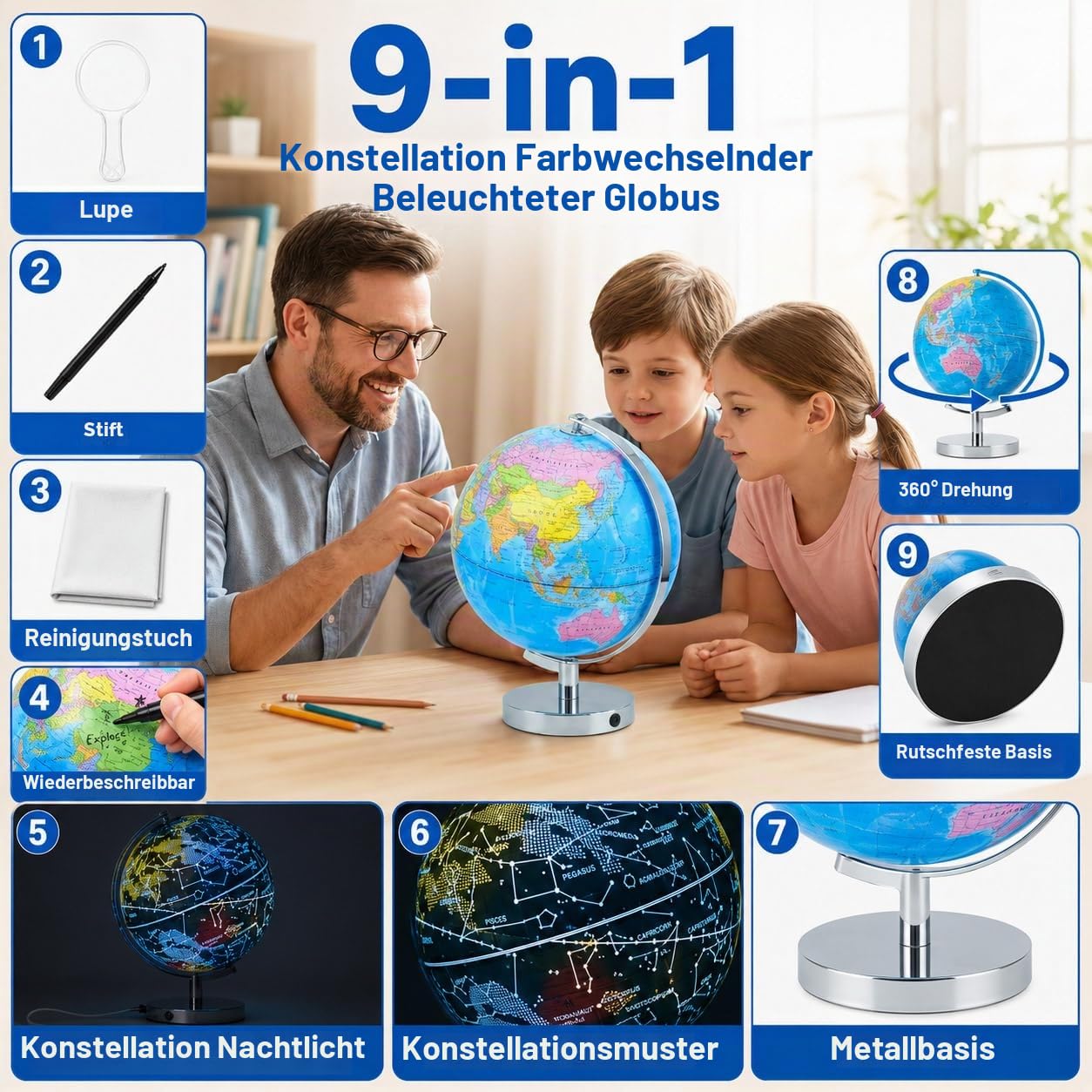 Marke 9-in-1 Beleuchteter Globus 20 cm für Kinder & Erwachsene, Weltkugel mit 88 Sternbildern, Touch LED Farbwechsel Lampe für STEM Geografie, Nachtlicht für Kinderzimmer, Büro & Klassenzimmer