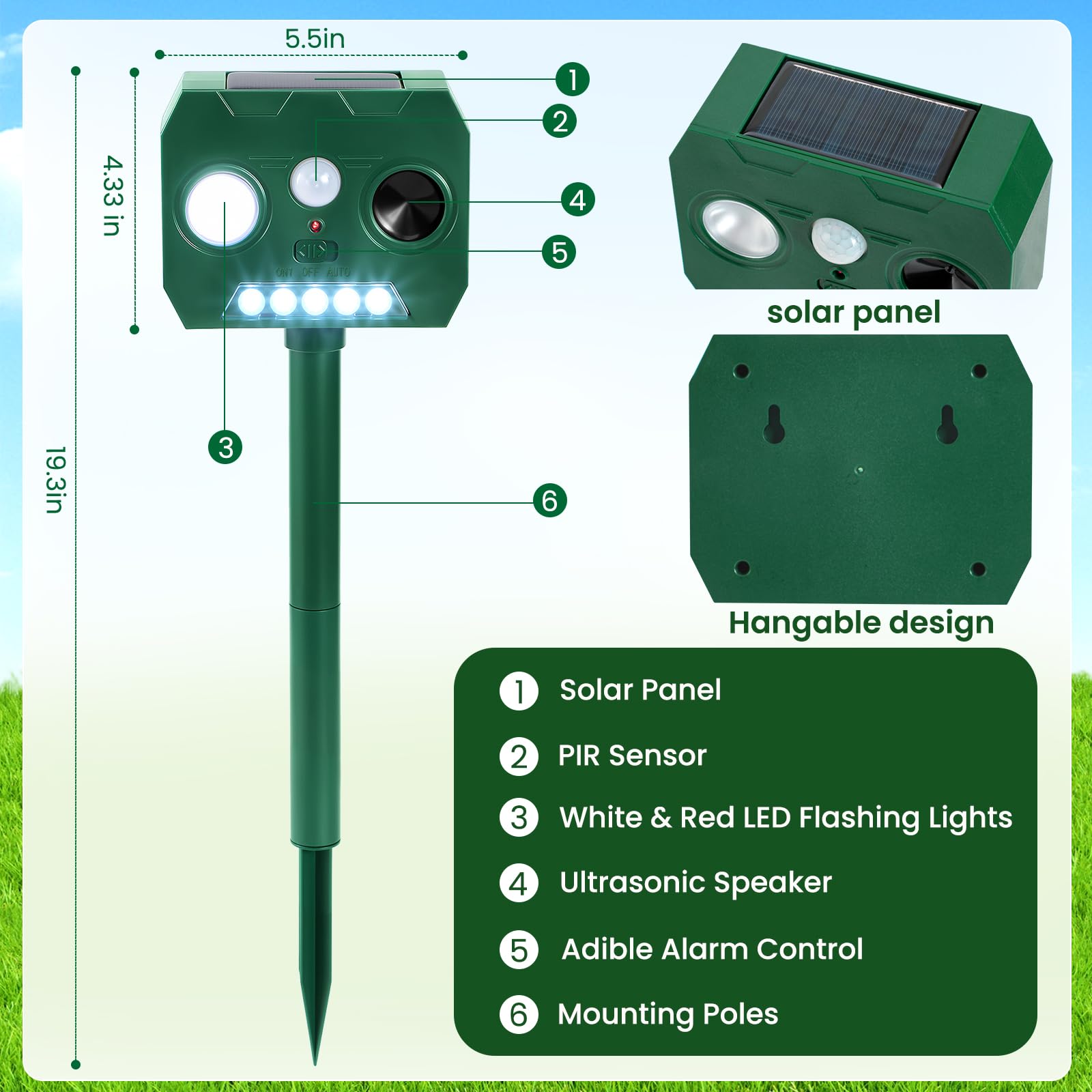 Solar Ultraschall Tiervertreiber Outdoor, 4 Pack Katze Eichhörnchen Waschbär Vogel Hund Hirsch Abwehrgeräte mit PIR Bewegungsmelder & LED Blitz, Wasserdicht Tierschreck für Garten Hof Farm