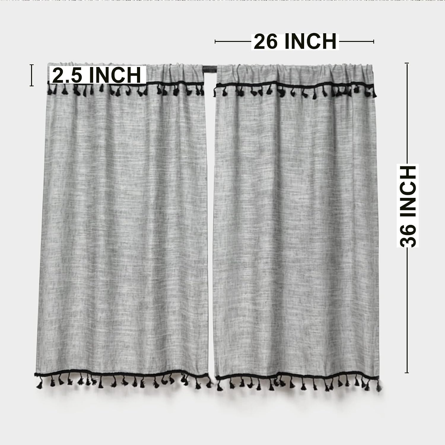 Oindec Boho Tassel Cotton Linen Cafe Curtains, 26W x 36L, 2 Panels, Grey