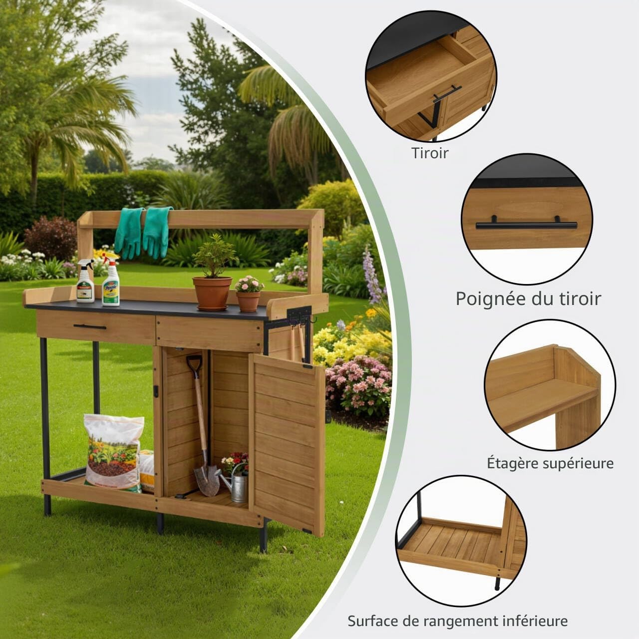 M MCombo Table de Jardin avec Plateau de Travail galvanisé et Rangement Bas. Table de rempotage en Sapin résistant aux intempéries, 3 Crochets. pour Jardin, Balcon et terrasse, Naturelle, 2049