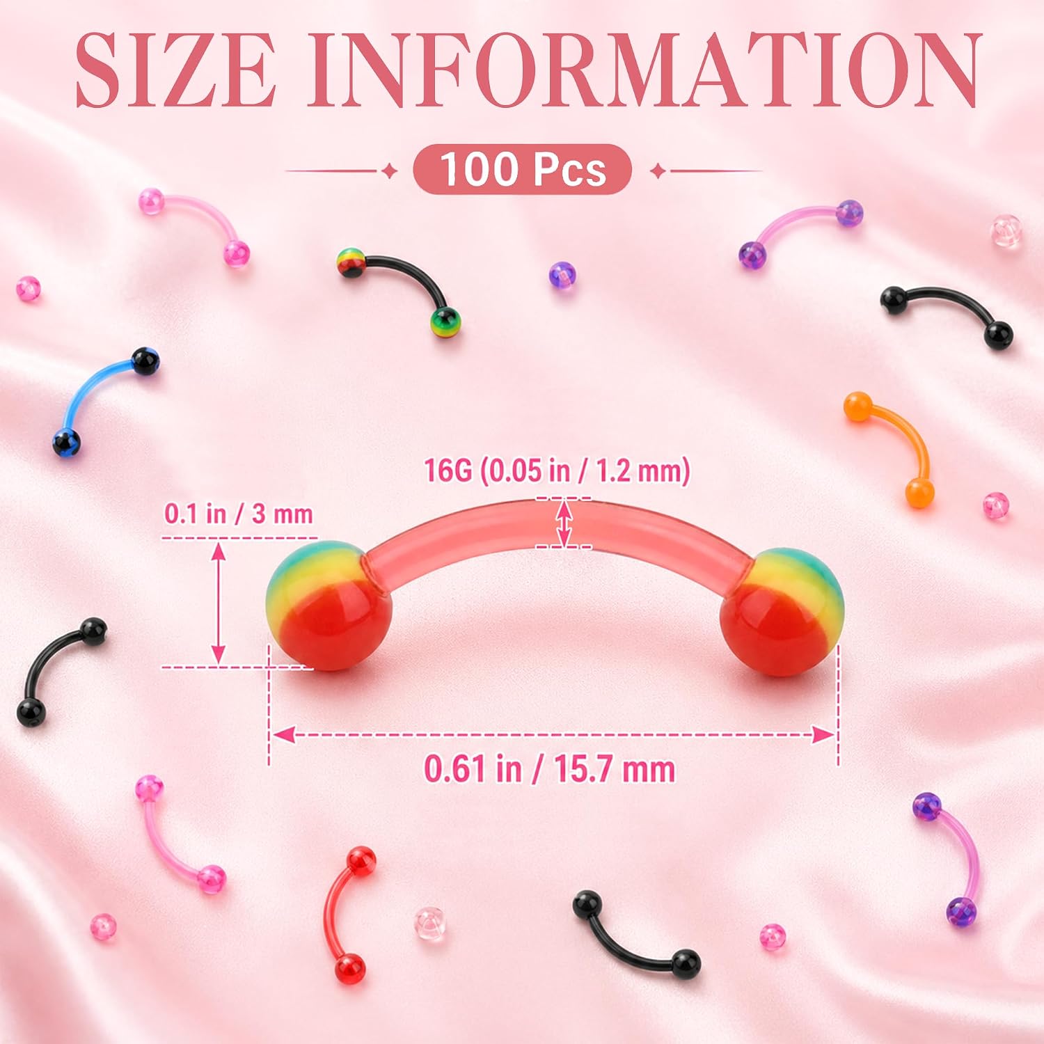 CrazyPiercing Colorful Ball Acrylic Flexible Curved Bar Eyebrow Rings Tragus Piercing Jewelry, 16G