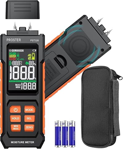 Proster Moisture Meter 2 in 1 Pin & Pinless Moisture Tester Digital LCD Display Dampness Detector for Wood Drywall Masonry Building Materials, Water Leak Detector for Home Inspection, DIY Woodworking