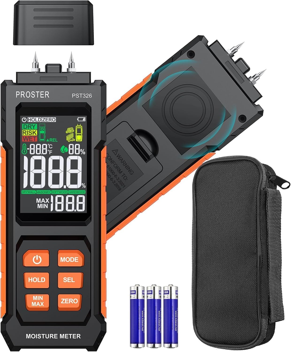Proster Misuratore di Umidità 2-in-1 con Sonda a Punte e Senza Punte - Rilevatore di Umidità per Muri, Display LCD, Allarme Sonoro e Misurazione della Temperatura per Legno, Cartongesso e Muratura